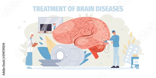 Cartoon flat doctor characters in uniforms,lab coats with medical devices and symbols-brain desease treatment and therapy concept