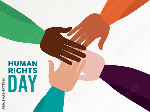 human rights day poster with interracial hands around