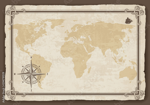 Old world map. Vector paper texture with border frame. Wind rose. Vintage vautical compass. Retro design banner. Decorative antique museum picture with border