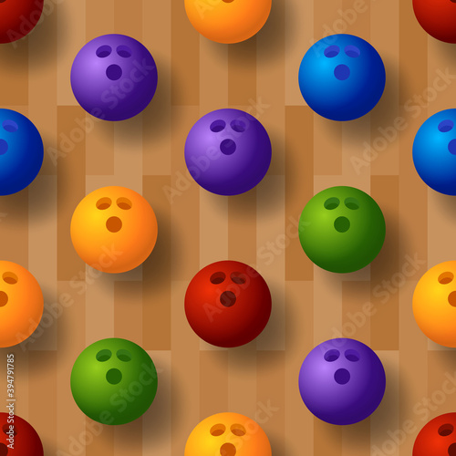 Seamless vector bowling pattern. Bowling track, ball, skittles on the floor. Vector illustration