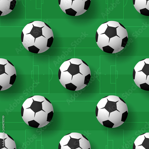 Football balls seamless patternbackground. Heap of classic black and white soccer balls. Realistic vector background