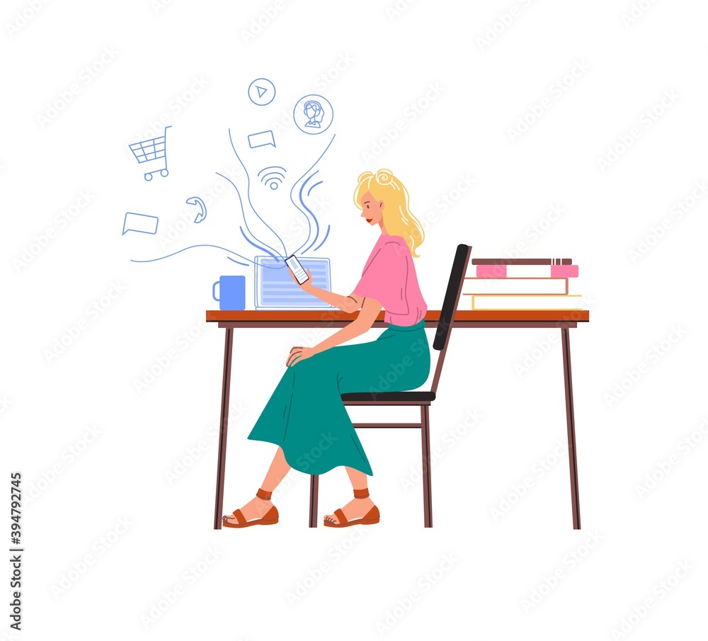 Cartoon flat character surfing internet indoor at home interior - web chat,social networking service,online education,messenger communication,freelance remote work concept Cartoon flat character surfing internet indoor at home interior - web chat,social networking service,online education,messenger communication,freelance remote work concept