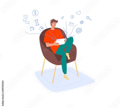 Cartoon flat character surfing internet indoor at home interior - web chat,social networking service,online education,messenger communication,freelance remote work concept