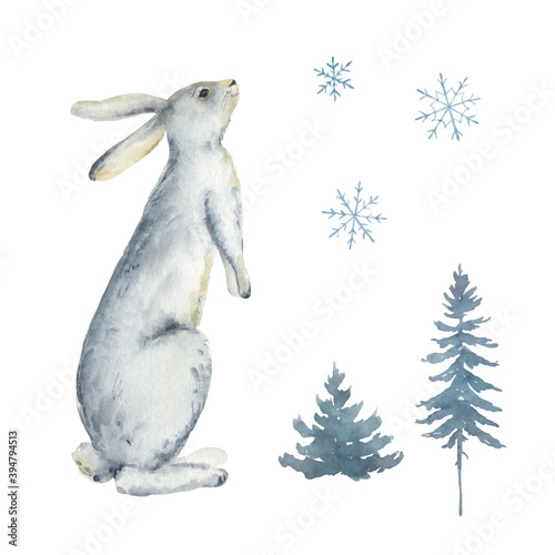 Watercolor vector card with a rabbit, fir trees and snowflakes.