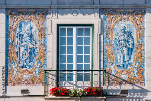 Details of the tiles with religious symbols of the City Hall of Cascais, in Portugal