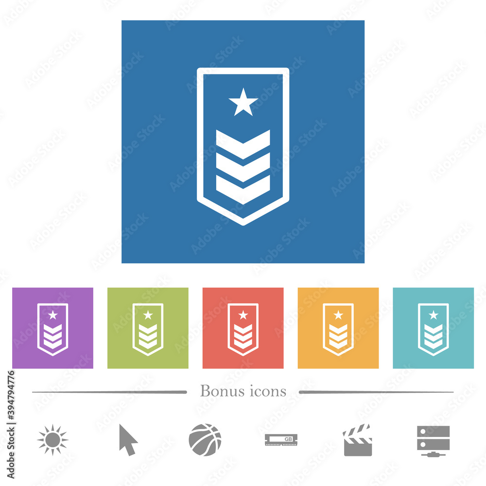Military insignia with three chevrons and one star flat white icons in square backgrounds Military insignia with three chevrons and one star flat white icons in square backgrounds