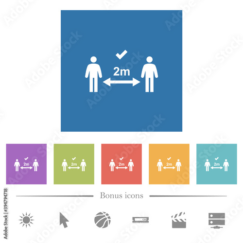 Correct social distancing flat white icons in square backgrounds