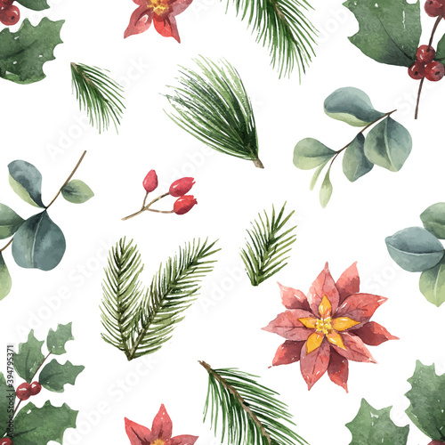 Watercolor vector Christmas seamless pattern with fir branches, flower and eucalyptus.