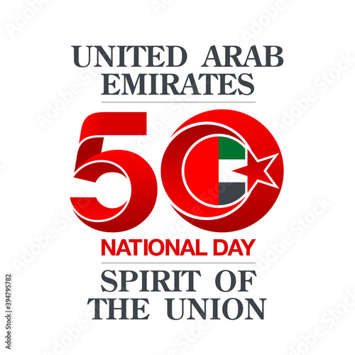 50 National day banner with realistic UAE ribbon flag. holiday illustration card 50 UAE National day Spirit of the union United Arab Emirates, Flat design Logo Anniversary Celebration Abu Dhabi Card