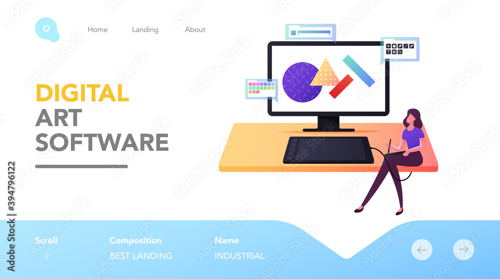Girl Paint Artwork on Tablet Landing Page Template. Digital Art Sketching, Graphic Designer Character Create Artwork Girl Paint Artwork on Tablet Landing Page Template. Digital Art Sketching, Graphic Designer Character Create Artwork