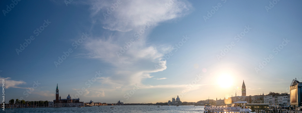 Naklejka premium Italy, Venice. Grand canal for gondola in travel europe city. Old italian architecture with landmark bridge, romantic boat. Venezia.