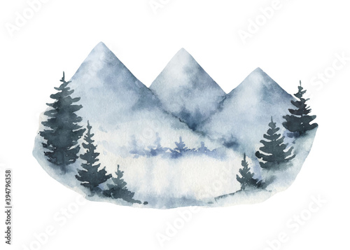 Watercolor vector winter landscape with mountains and spruce forest.