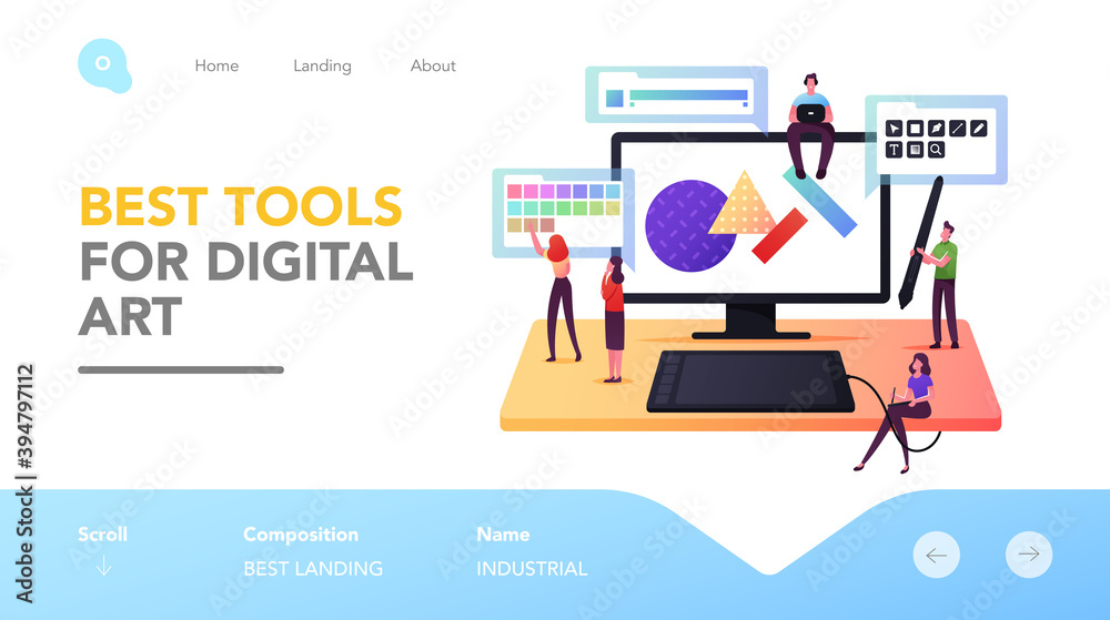 Creative Digital Art Landing Page Template. Tiny Male and Female Graphic Designer Characters Drawing on Huge Computer Creative Digital Art Landing Page Template. Tiny Male and Female Graphic Designer Characters Drawing on Huge Computer