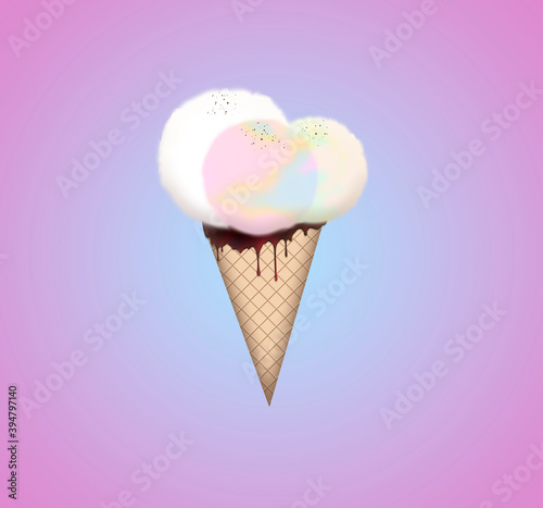 Ice cream in a waffle cup on a delicate pink-blue background in high resolution