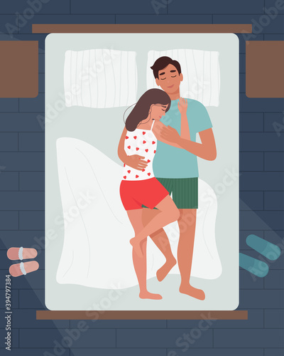 Loving couple sleeping, hugging together in bed. Cute vector illustration in flat style