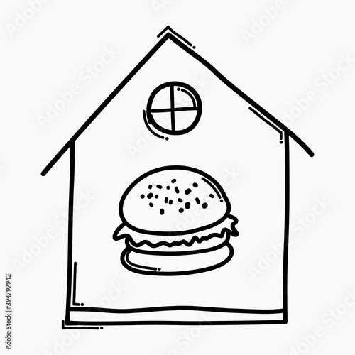 Hamburger at house doodle vector icon. Drawing sketch illustration hand drawn line eps10