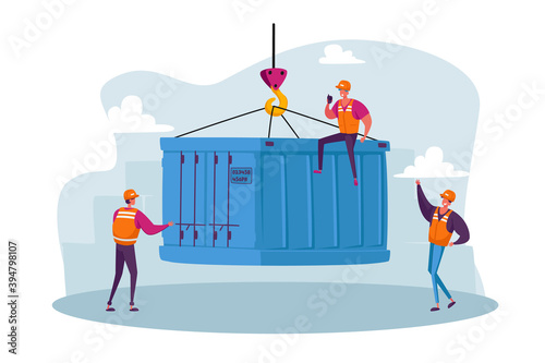 Foremen Characters in Seaport Loading Container Box from Cargo Ship Isolated on White Background. Import Export Logistic