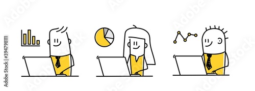 Set with funny stick figures working on laptop with graph icons.