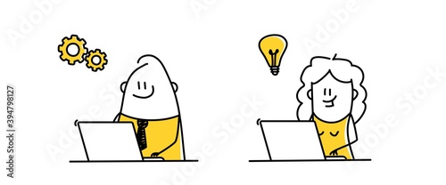 Set with funny stick figures working on laptop with wheel and bulb icons. 