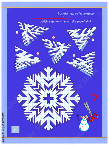 Logic puzzle game for children and adults. Which pattern matches the snowflake? Page for kids brain teaser book. IQ test. Play online. Memory exercise for seniors. Developing spatial thinking.
