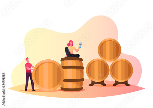 Tiny Man and Woman Characters in Vault, Man Roll Huge Wooden Barrels. Girl Hold Wineglass Drinking Red Wine in Winery