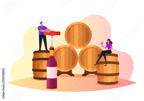 Characters Drinking Wine in Vault. Tiny Man Open Huge Bottle with Corkscrew, Woman with Wineglass Degustation, Tasting