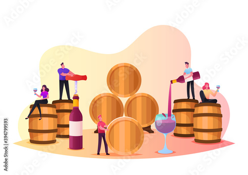 Characters Wine Degustation in Vault, Tiny People Holding Wineglasses Tasting Alcohol Drink in Cellar with Huge Barrels