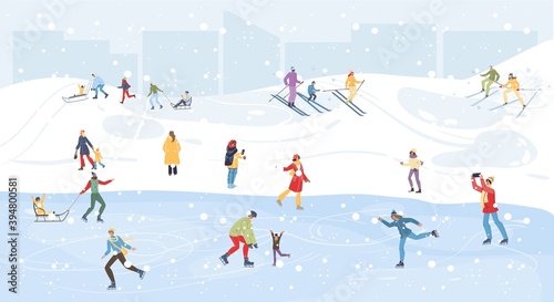 Flat cartoon family characters doing winter outdoor sport activities,skiing,ice skating and sledging in snow,merry christmas,happy New Year holiday concept