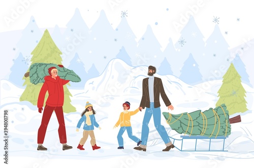 Flat cartoon happy family characters carry christmas tree -merry Xmas,happy New Year holiday concept