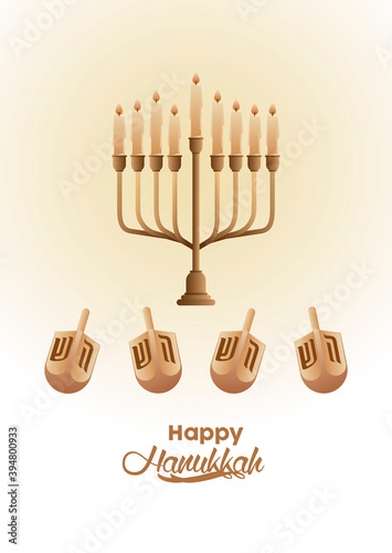 happy hanukkah celebration with candelabrum and dreidel