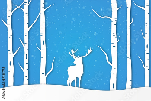 Deer In Forest With Falling Snow.
