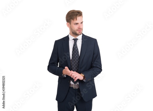 handsome businessman in suit. male office fashion. confident boss isolated on white. groomed guy wear elegant apparel. barbershop salon. ceo has successful business. modern formal style