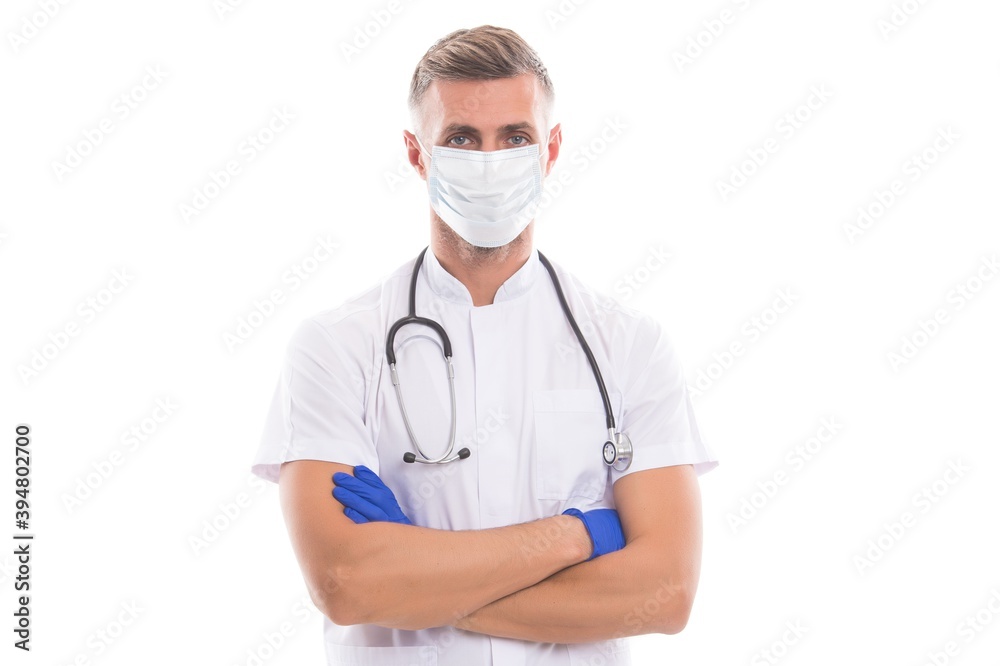 medical worker man physician in respirator mask and rubber gloves with phonendoscope isolated on white provide medical care to patients during coronavirus pandemic, covid19 medical worker man physician in respirator mask and rubber gloves with phonendoscope isolated on white provide medical care to patients during coronavirus pandemic, covid19