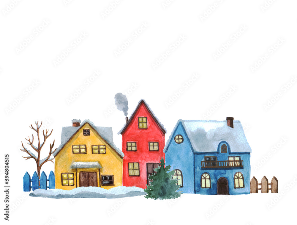 Cute watercolor Christmas houses. Small houses against the white background. Cute cozy illustrations for your cards and other designs Cute watercolor Christmas houses. Small houses against the white background. Cute cozy illustrations for your cards and other designs