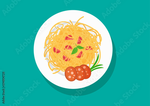 Vector plate of spaghetti with tomatoes and sausage, pasta dishes. Food illustration