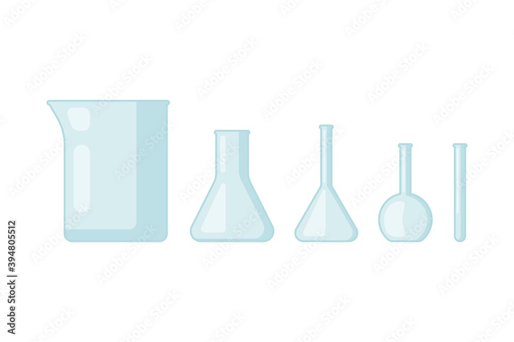 Glass flask, beaker and other laboratory glassware. Set of medical chemical measuring, science analysis, testing equipment. Vector illustration set tool in flat style isolated on white background Glass flask, beaker and other laboratory glassware. Set of medical chemical measuring, science analysis, testing equipment. Vector illustration set tool in flat style isolated on white background