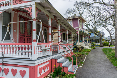 Gingerbread cottages in Oak Bluffs, on Martha's Vineyard. Small neighborhood,  classified National Historical Landmark and famous for its small and colorful victorian cottages photo