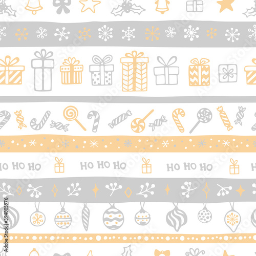 Vector seamless pattern with hand drawn Christmas elements. Cute design for wrappings  textile and backgrounds