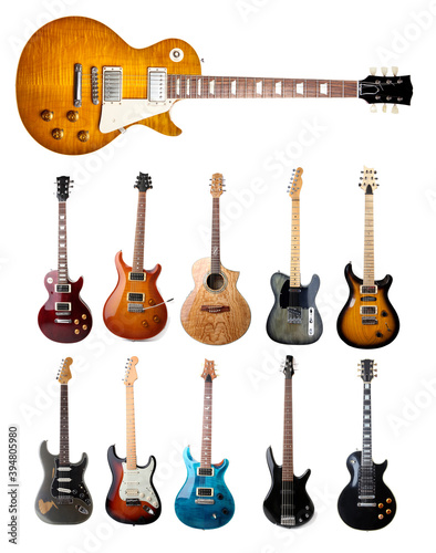 Set of electric guitars isolated on white background