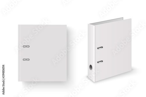 Vector 3d Closed Realistic White Blank Office Binder with Metal Rings for A4 Paper Sheet Set Closeup Isolated on White Background. 4cm, 5cm. Design Template, Mockup, Front, Side, Back View