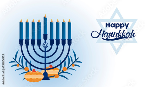 happy hanukkah celebration with candelabrum and food