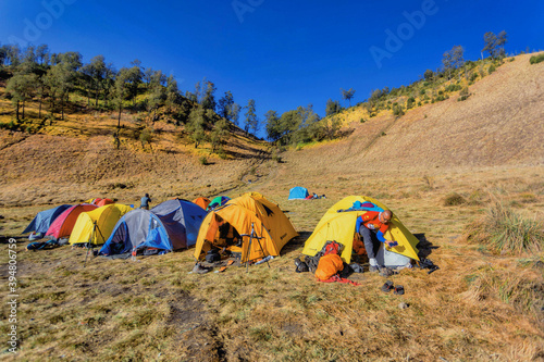 Malang  Indonesia - Sept 17 2018  A pitstop or campsite for hiker rest  at  Ranu Kumbolo lake  Bromo Tengger Semeru Malang Indonesia