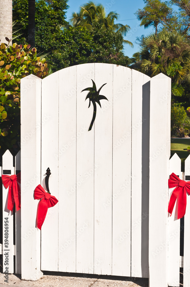 front view, medium distance of a white, wood, gate with a cut out palm