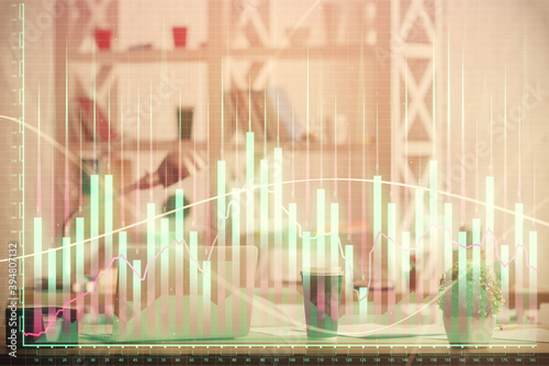 Double exposure of stock market graph drawing and office interior background. Concept of financial analysis.