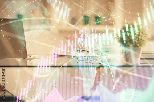 Wallpaper Mural Double exposure of financial graph drawing and office interior background. Concept of stock market. Torontodigital.ca