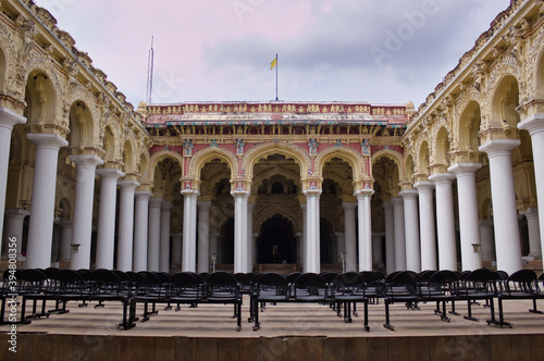 Madurai  India - November 02  2018  Interior of a south Indian Thirumalai Nayakkar Palace against blue sky