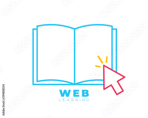 eBook with mouse cursor arrow and lines. open book vector icon isolated on white background. study and education, self education, reeding web icon for mobile and ui design
