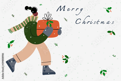 Girl with a Christmas gift. Greeting postcard.