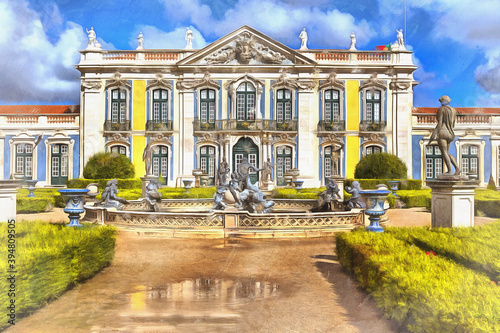 Queluz palace colorful painting looks like picture, Portugal.
