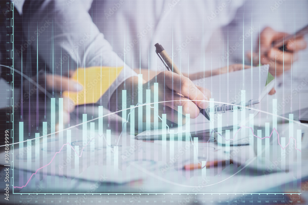 Double exposure of forex graph drawing over people taking notes background. Concept of financial analysis Double exposure of forex graph drawing over people taking notes background. Concept of financial analysis
